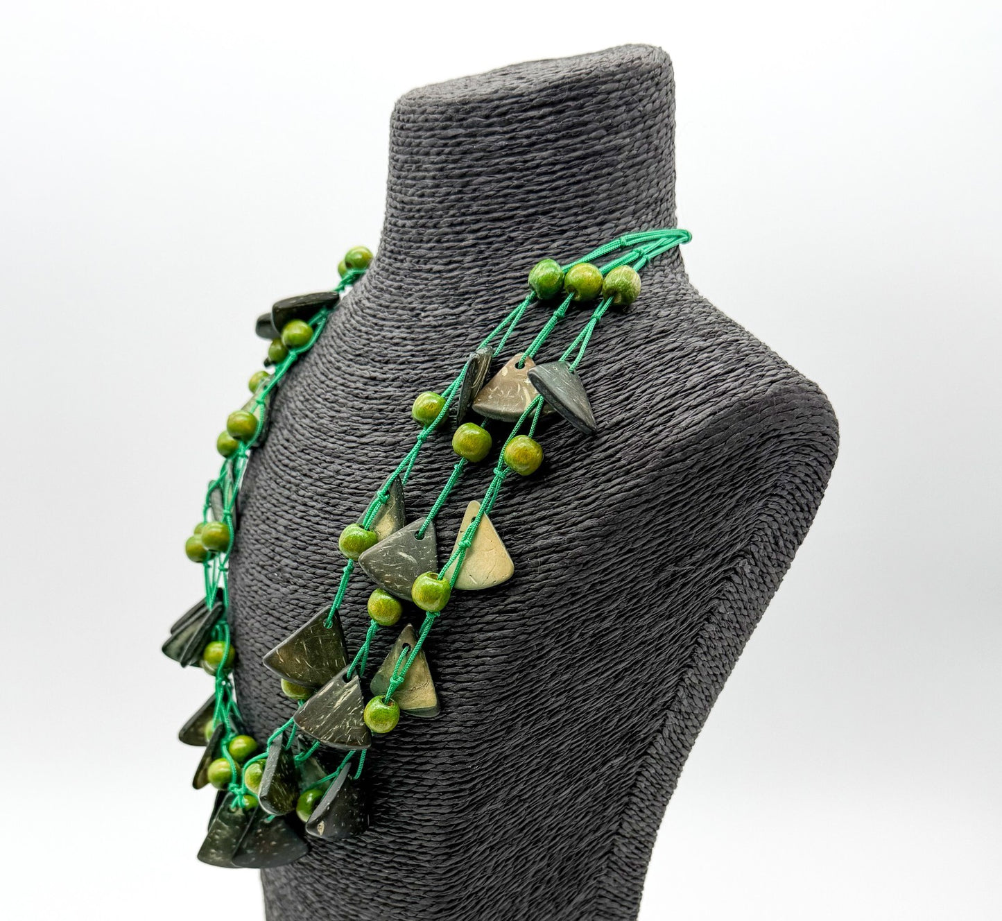 Boho Green Coconut Shell & Wood Bead Necklace Hand Knotted Statement