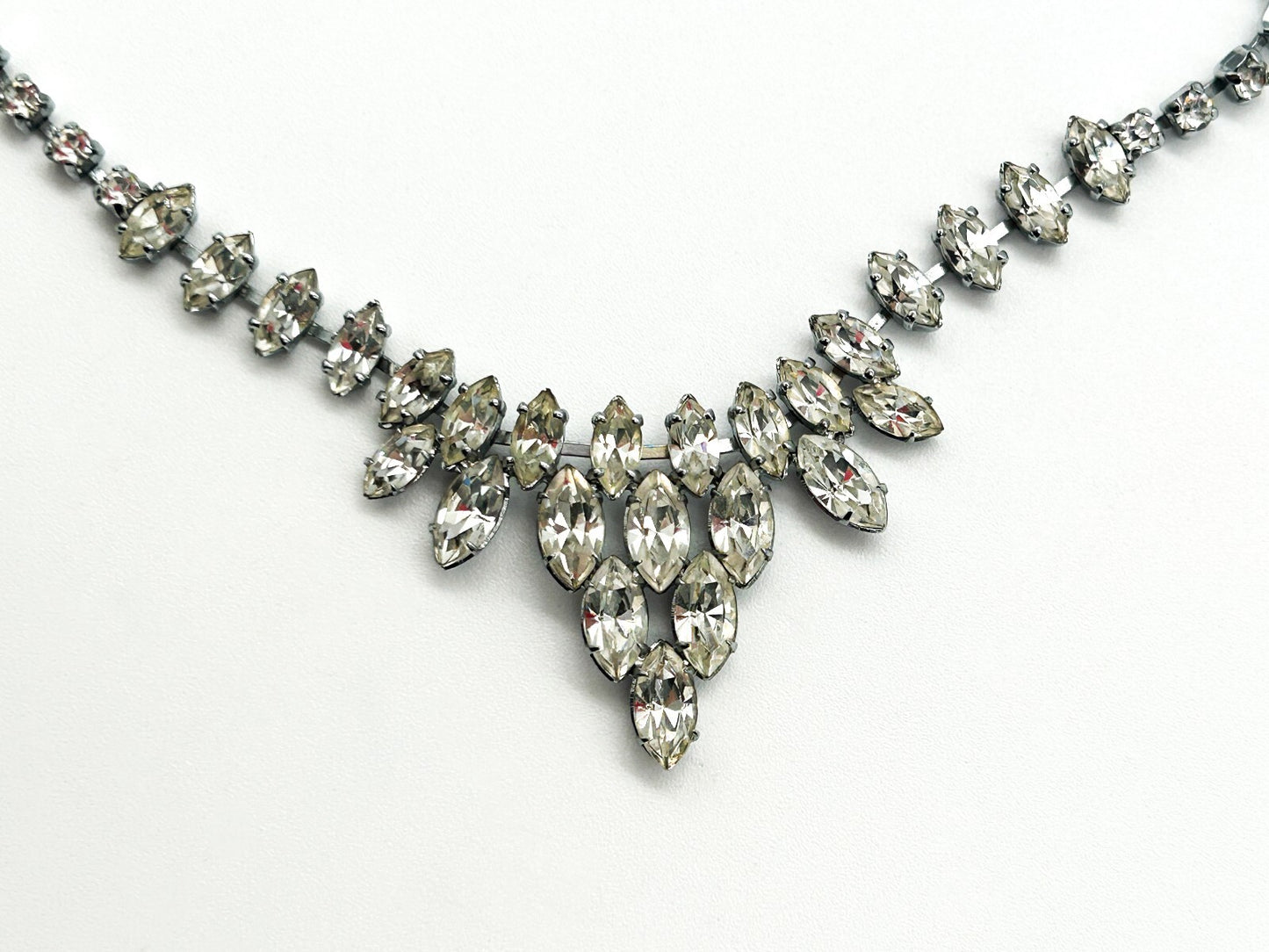 Vintage Clear Marquise Rhinestone Statement Necklace Silver Tone Bridal Wedding