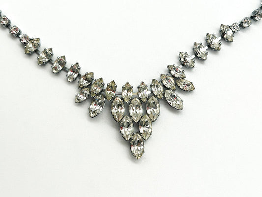 Vintage Clear Marquise Rhinestone Statement Necklace Silver Tone Bridal Wedding