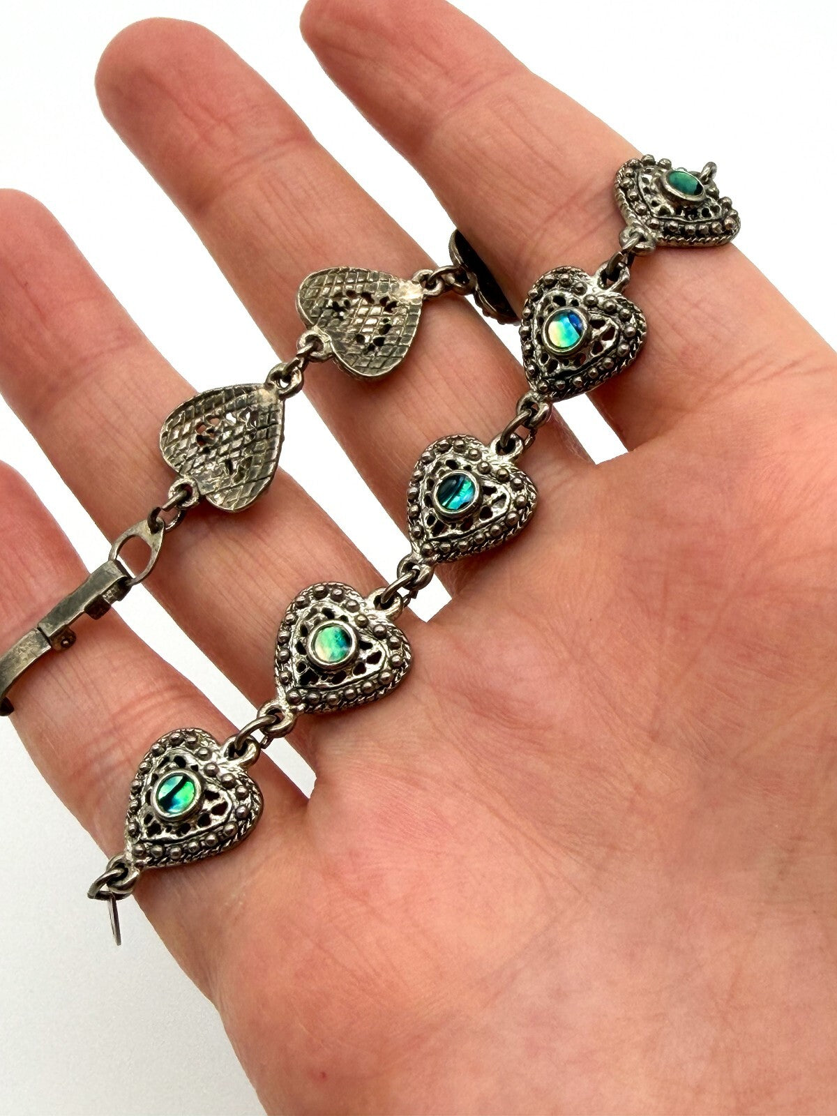 Vintage Abalone Shell Ornate Love Heart Panel Link Bracelet Silver Tone 7”