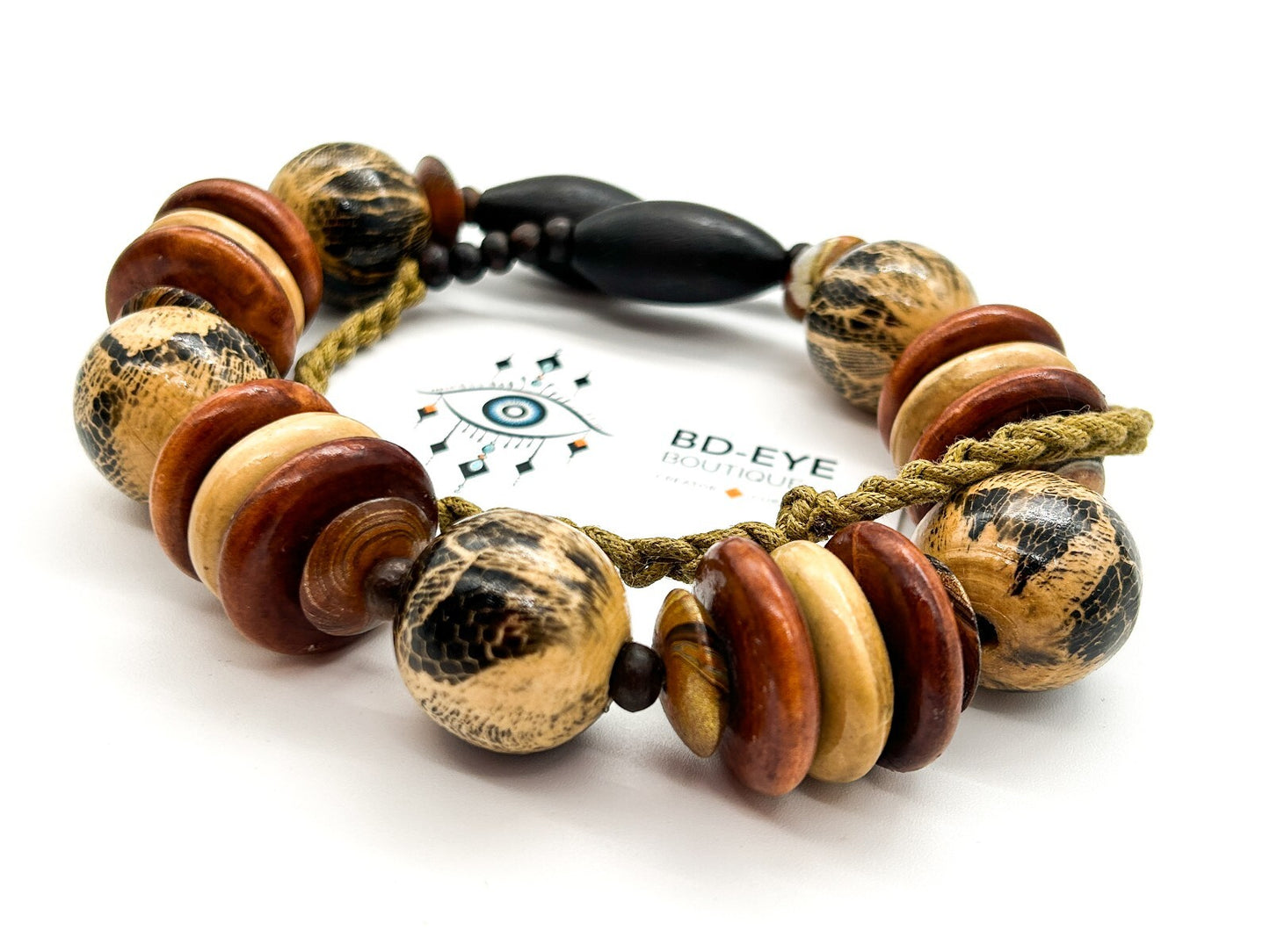 Vintage Chunky Wood Necklace Snakeskin Effect Beads Boho Statement 23”