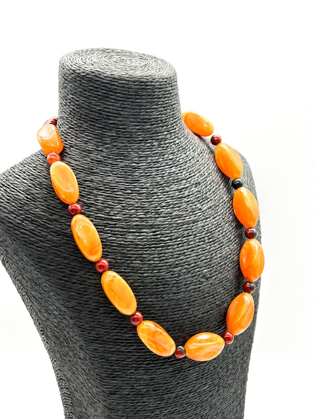 Orange Lucite Banded Agate Beaded Necklace Chunky Boho Statement 21.5”