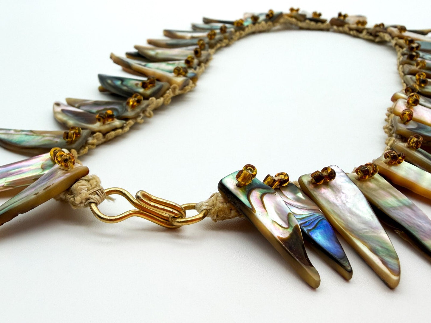 Vintage Abalone Shell Feather Spike Necklace Lace Beaded Statement 17” Boho