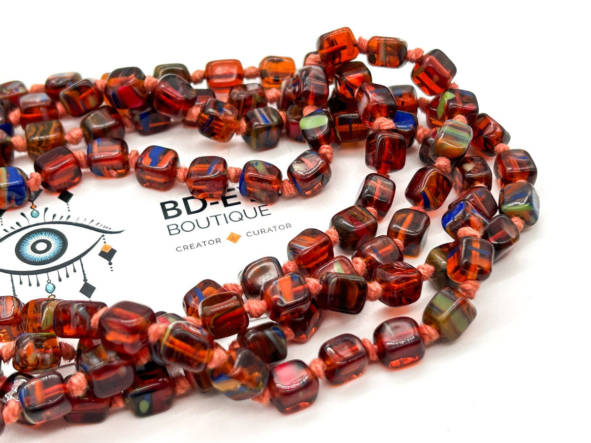 Vintage Orange Czech Art Glass Hand Knotted Necklace Blue Green Spatter Cubes