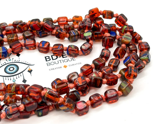 Vintage Orange Czech Art Glass Hand Knotted Necklace Blue Green Spatter Cubes