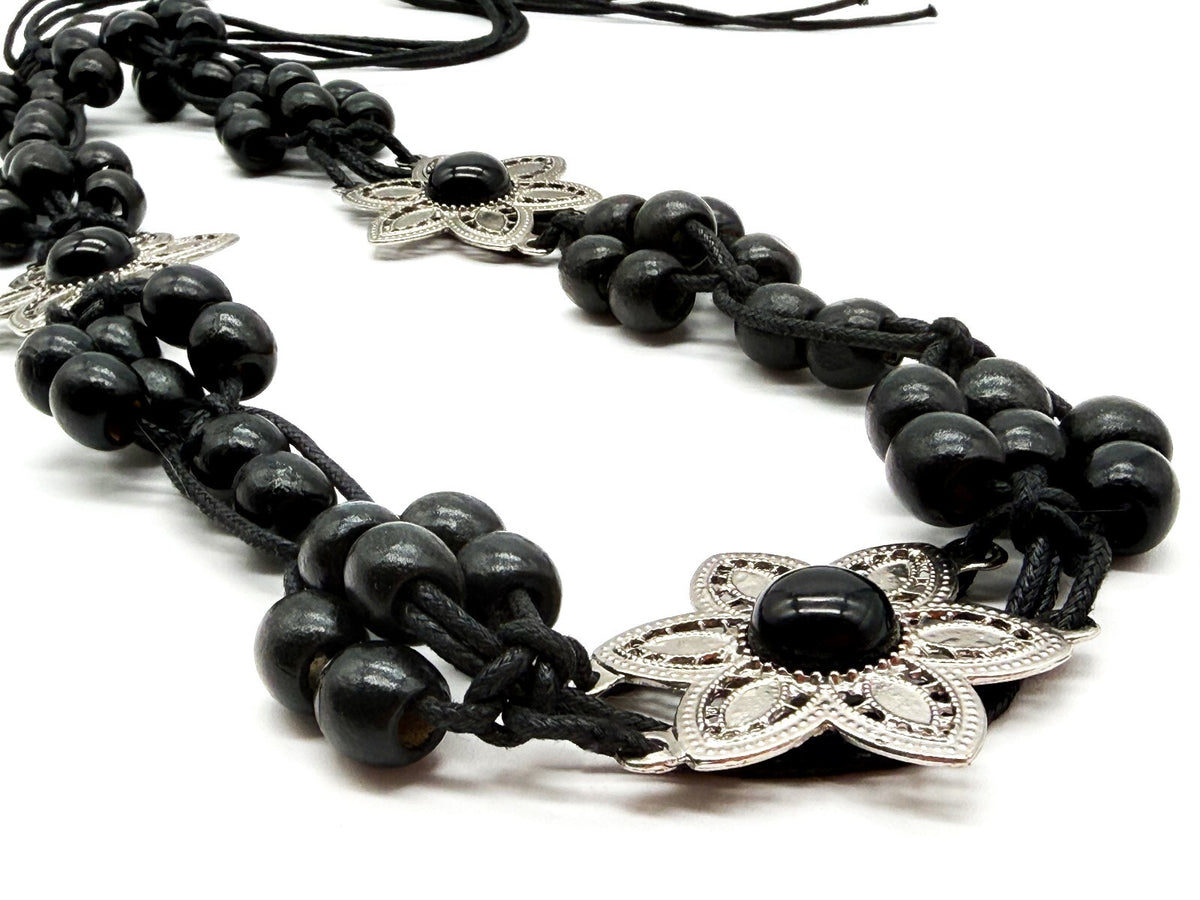 Vintage Black Wooden Bead Tie Belt Multi Strand Boho Floral Silver Tone