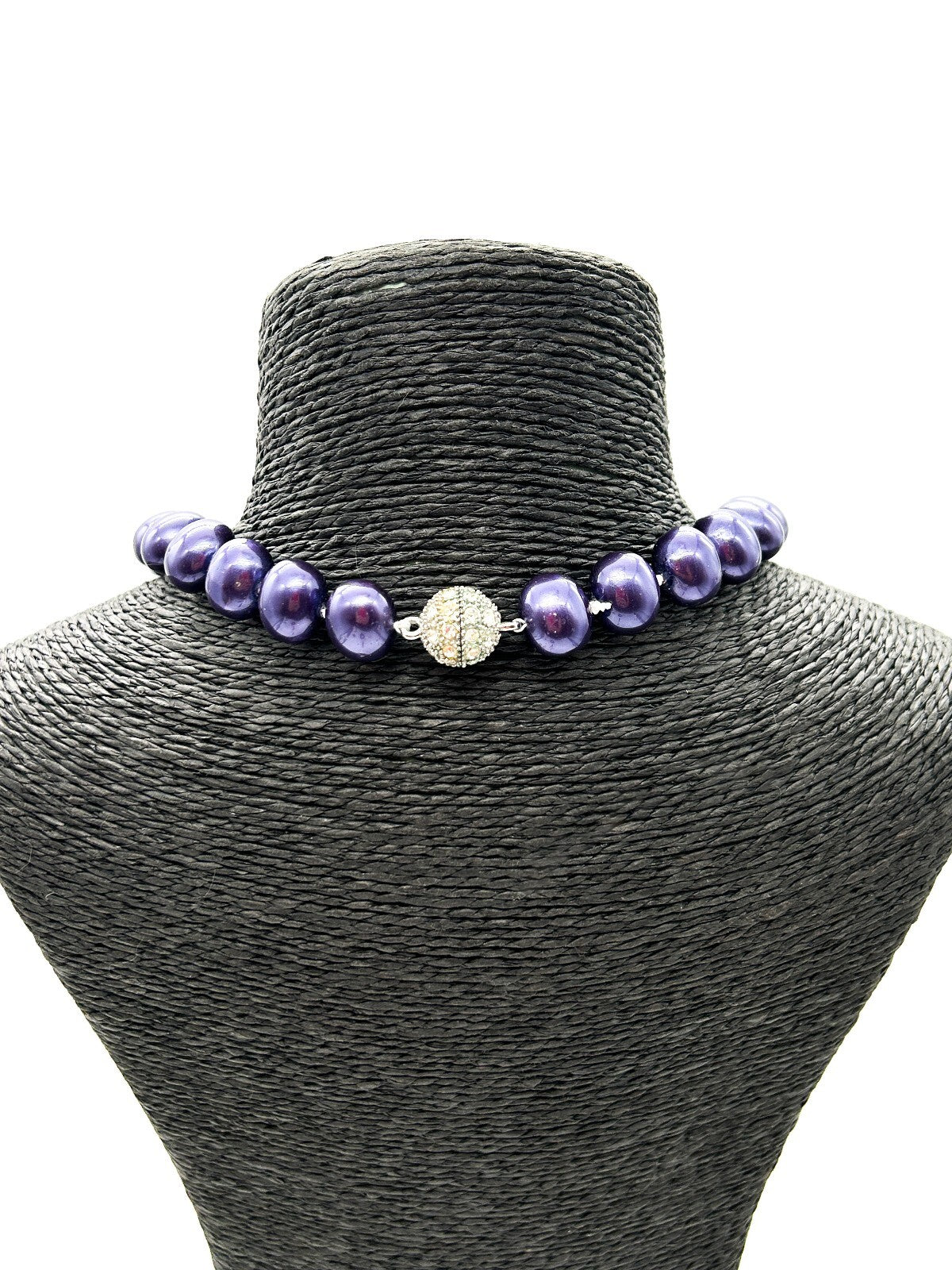 Vintage Chunky Purple Glass Faux Pearl Necklace Hand Knotted Magnetic Clasp