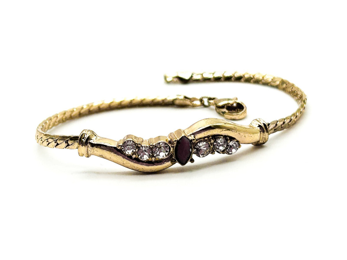 Vintage Gold Plated Cuban Link Bracelet Marquis Ruby (tested) & Glass Crystals