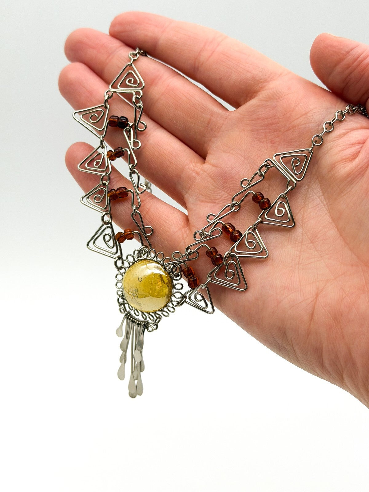 Peruvian Alpaca Necklace Earrings Set Yellow Glass Statement Boho Artisan