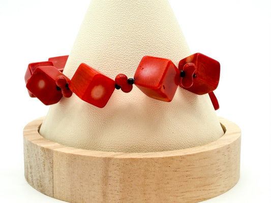 Vintage Red Coral Cube Bead Bracelet Glass Spacers Coral Slice Charm