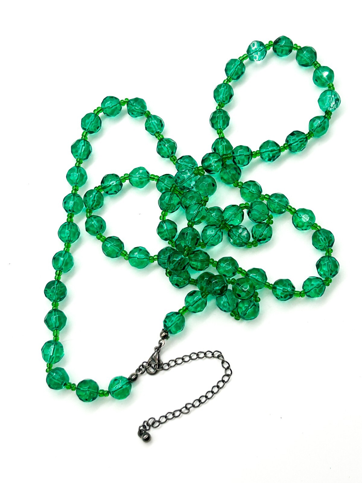 Long Emerald Green Faceted Glass Bead Necklace 39.5” Layering Statement Extender