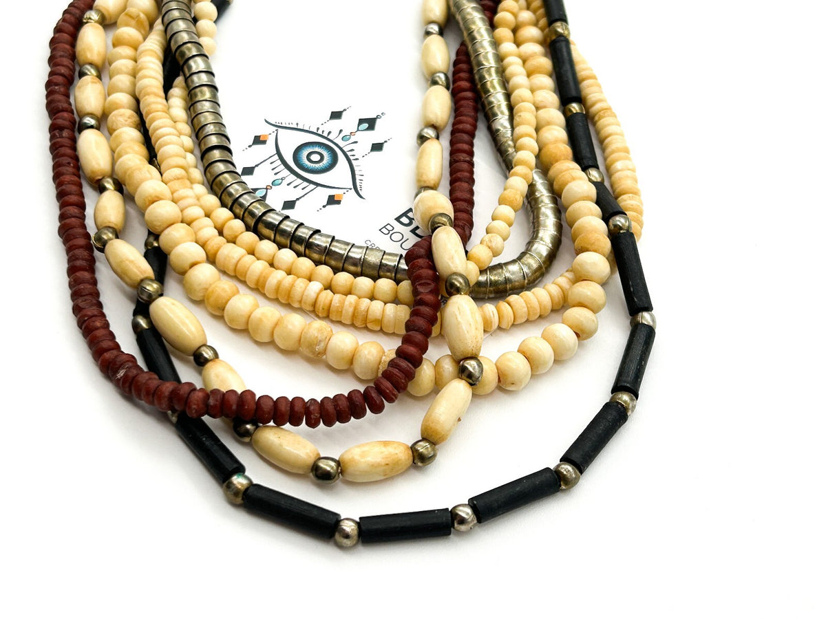 Vintage 7 Strand Organic Bead Necklace Black Cream Red Boho Statement
