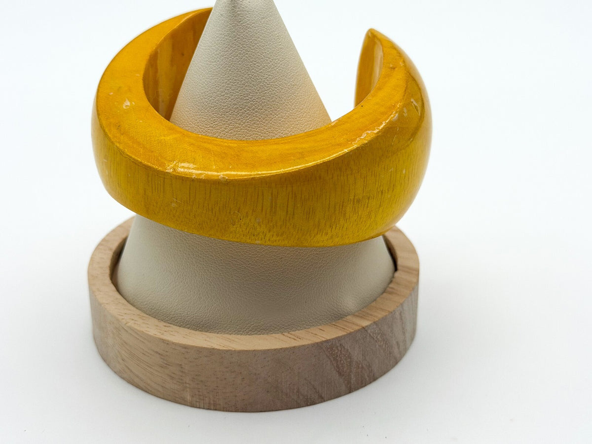 Vintage Mustard Yellow Wooden Cuff Bangle Wide Gloss Wood Statement Bracelet