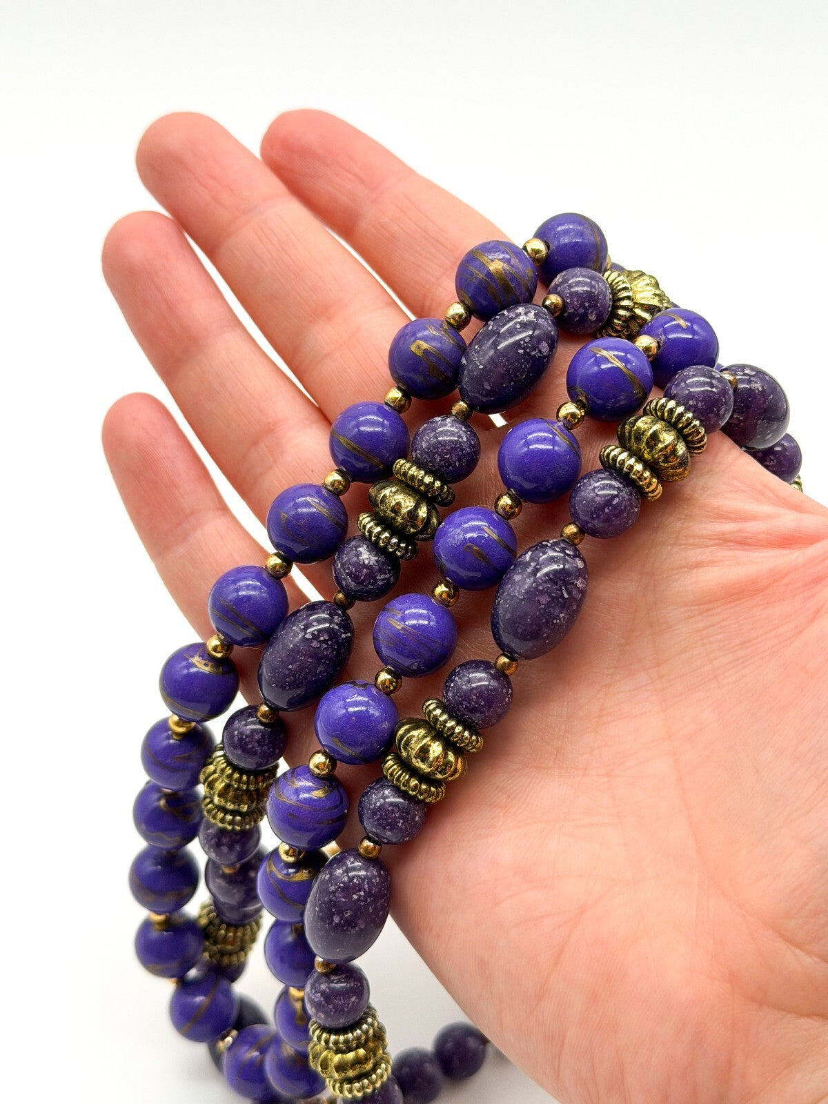 Vintage Purple Marbled Acrylic Bead Necklaces Gold Swirl Beads Necklace Duo
