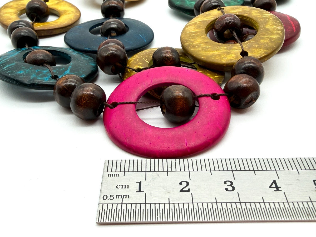 Colourful Dyed Coconut Shell & Wood Bead Necklace Boho 28” Long Festival