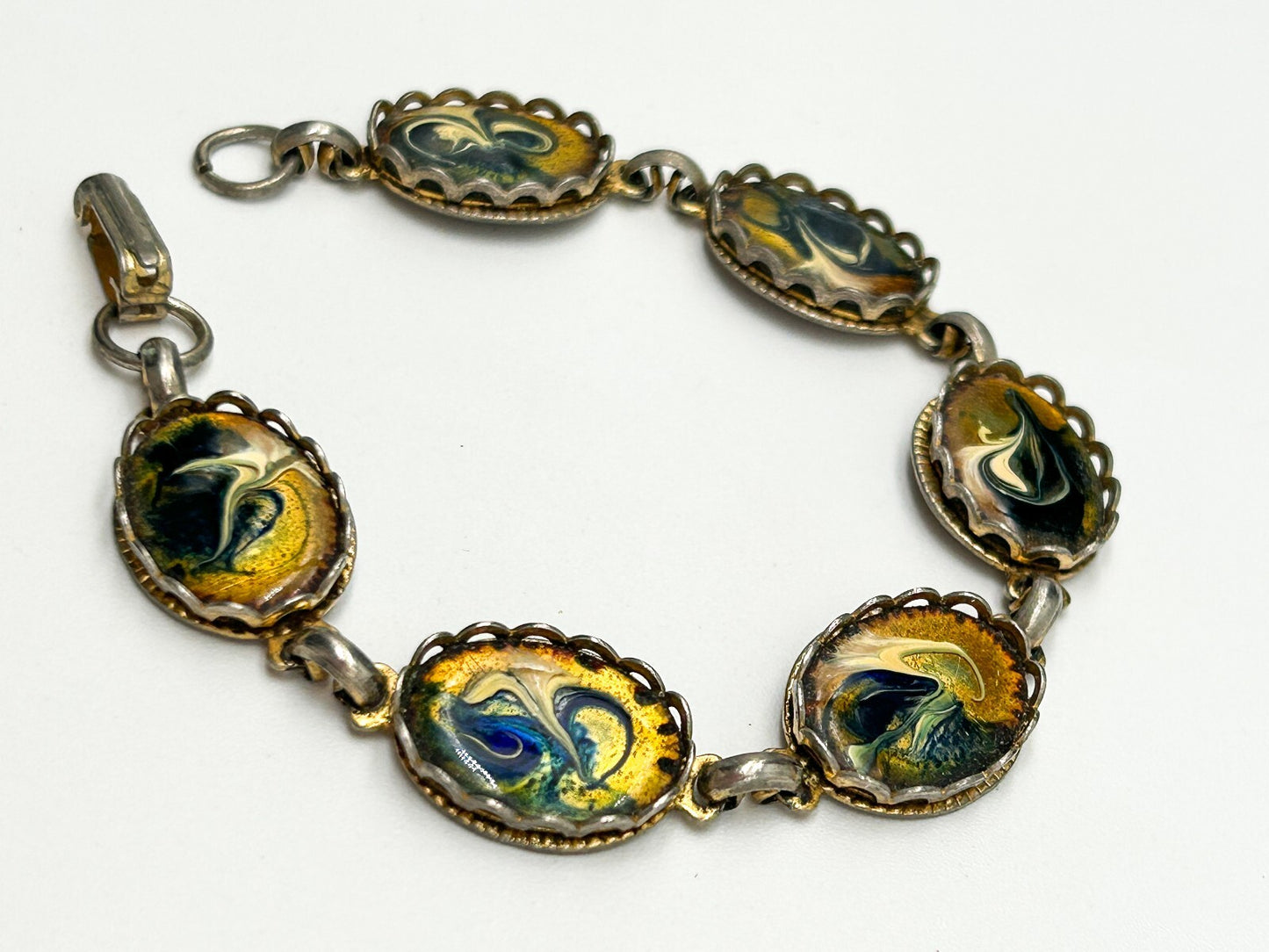 Vintage Enamel Panel Bracelet Gold Blue White Marbled Swirl Oval Bracelet 7.5”