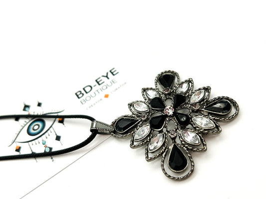 Gothic Black Clear Rhinestone Flower Pendant Necklace Gunmetal Floral Statement