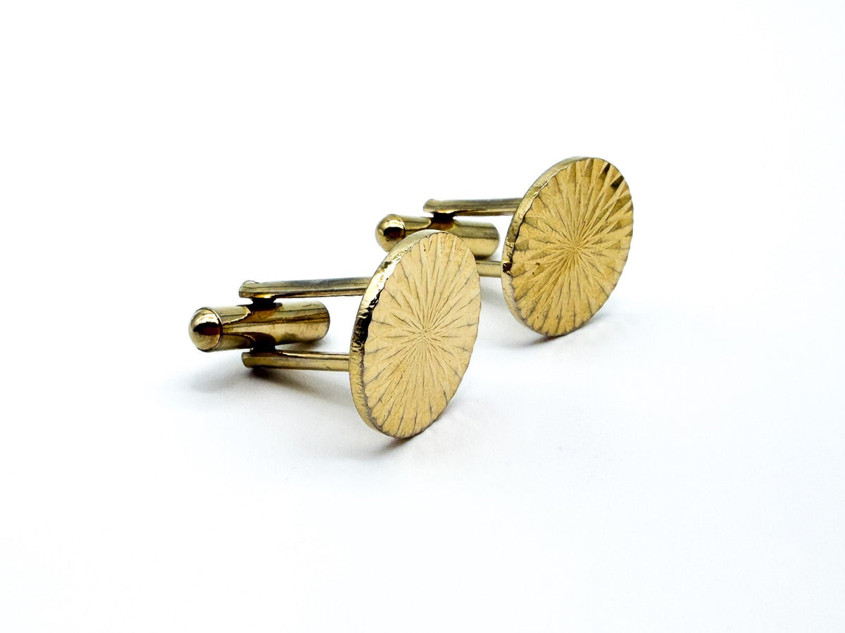 Vintage Gold Tone Engine Turned Cufflinks Diamond Cut Sunburst Round