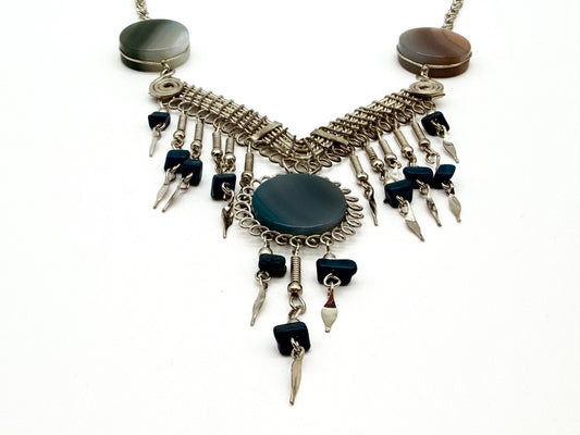 Peruvian Alpaca Silver Agate Lapis Lazuli Statement Necklace 17.5”