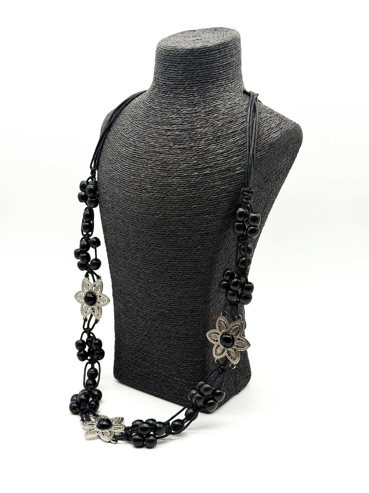 Vintage Black Wooden Bead Tie Belt Multi Strand Boho Floral Silver Tone
