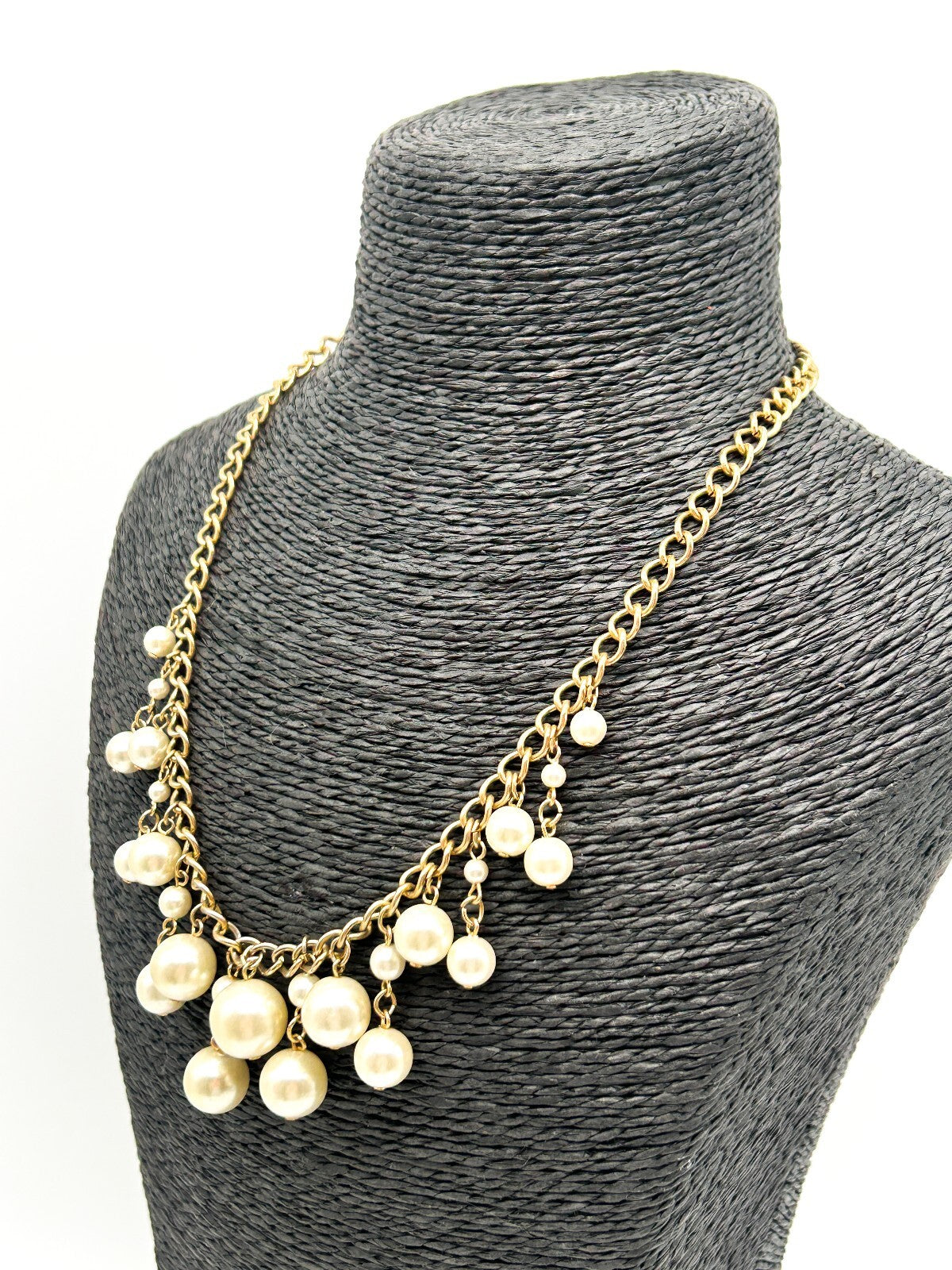 Vintage Gold Tone Faux Pearl Cha Cha Bib Necklace Statement Necklace 17.5” Retro