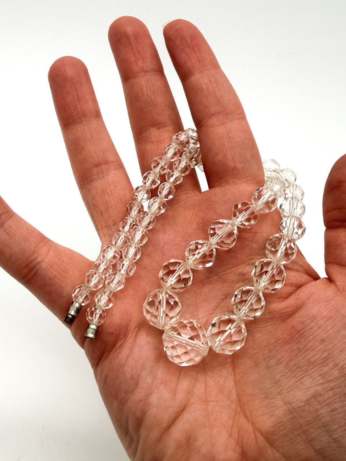 Vintage Clear Faceted Glass Bead Necklace Graduated Crystal Look Screw Clasp