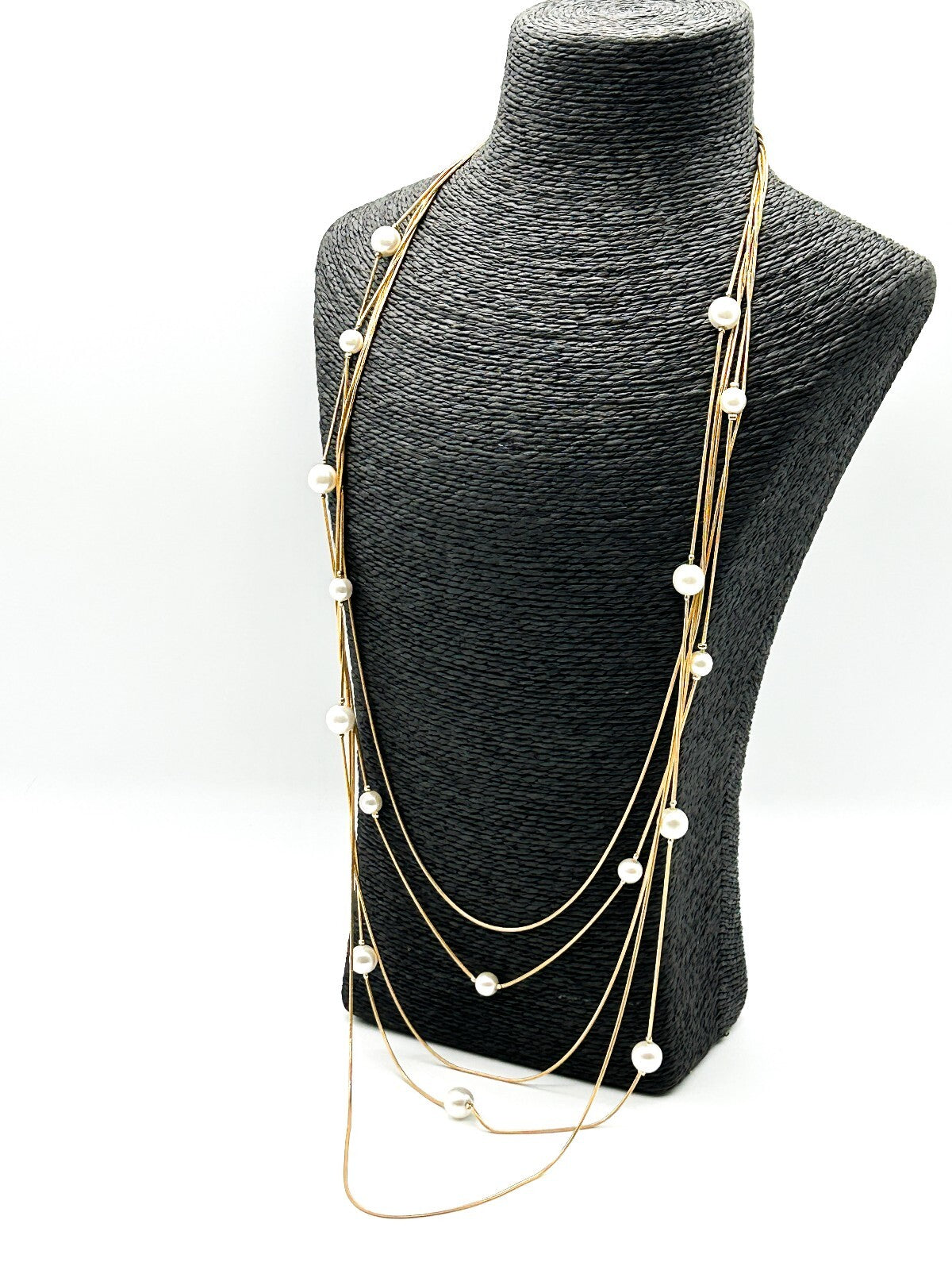 Vintage Gold Tone Multi Strand Snake Chain Necklace Faux Pearl Long Layered