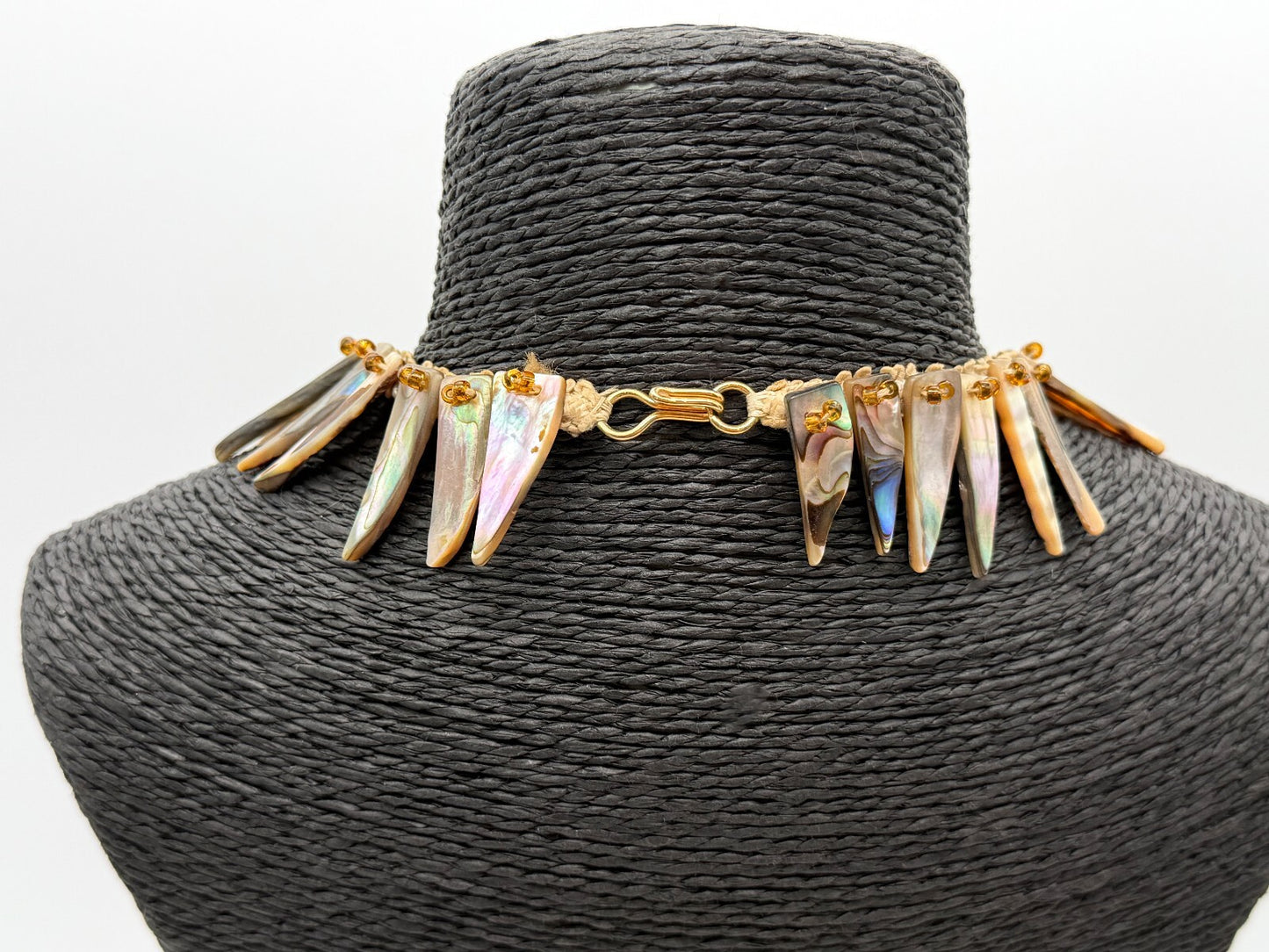 Vintage Abalone Shell Feather Spike Necklace Lace Beaded Statement 17” Boho