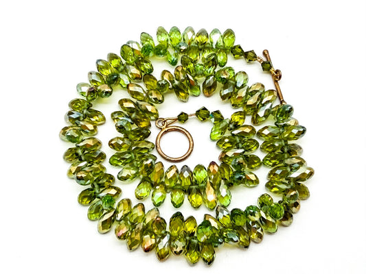 Swarovski Beads Green Crystal Necklace Faceted Teardrop Beads Gold Tone Toggle