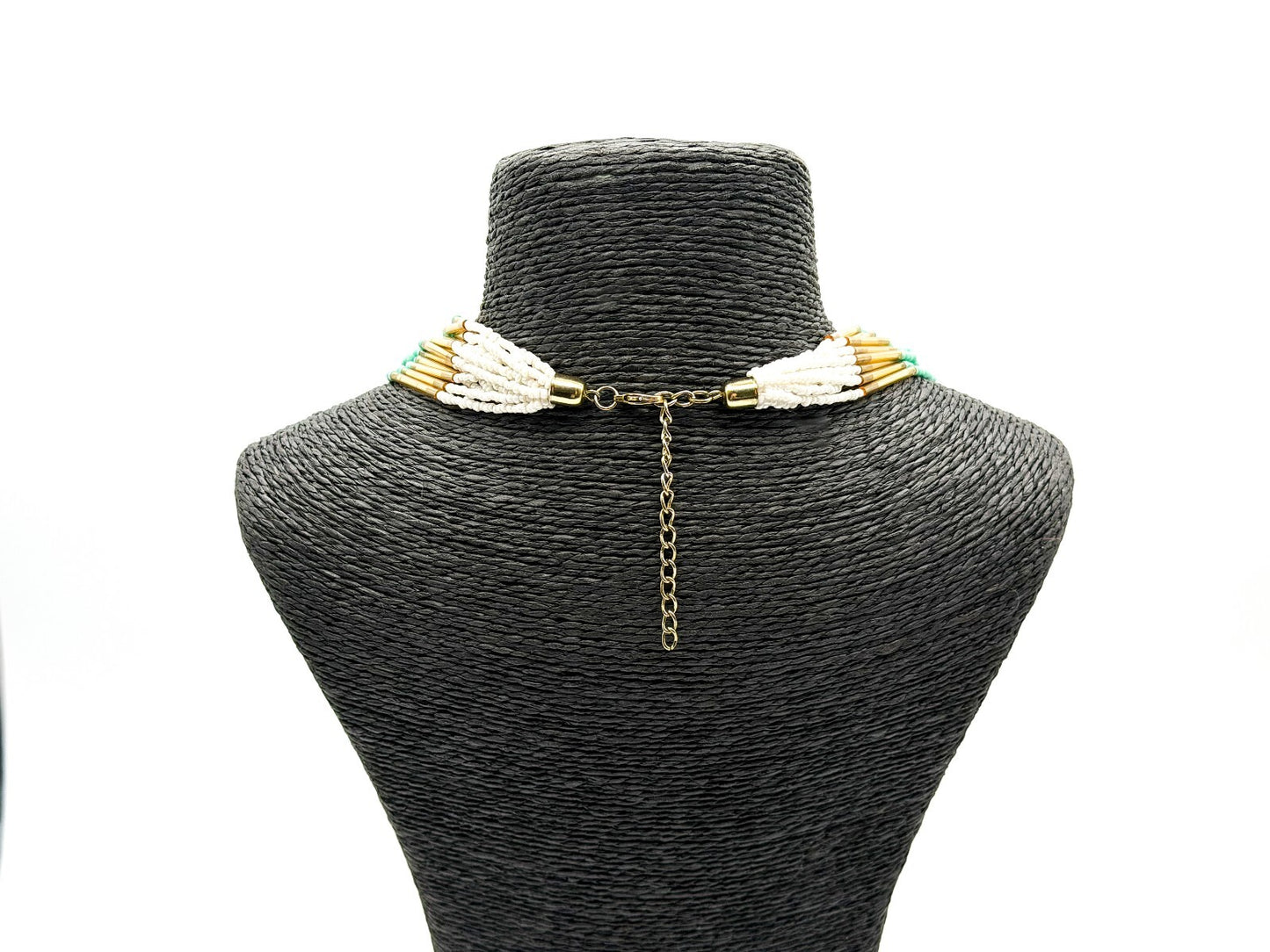 Boho Multi Strand Turquoise White Beaded Necklace Gold Tone Statement Festival