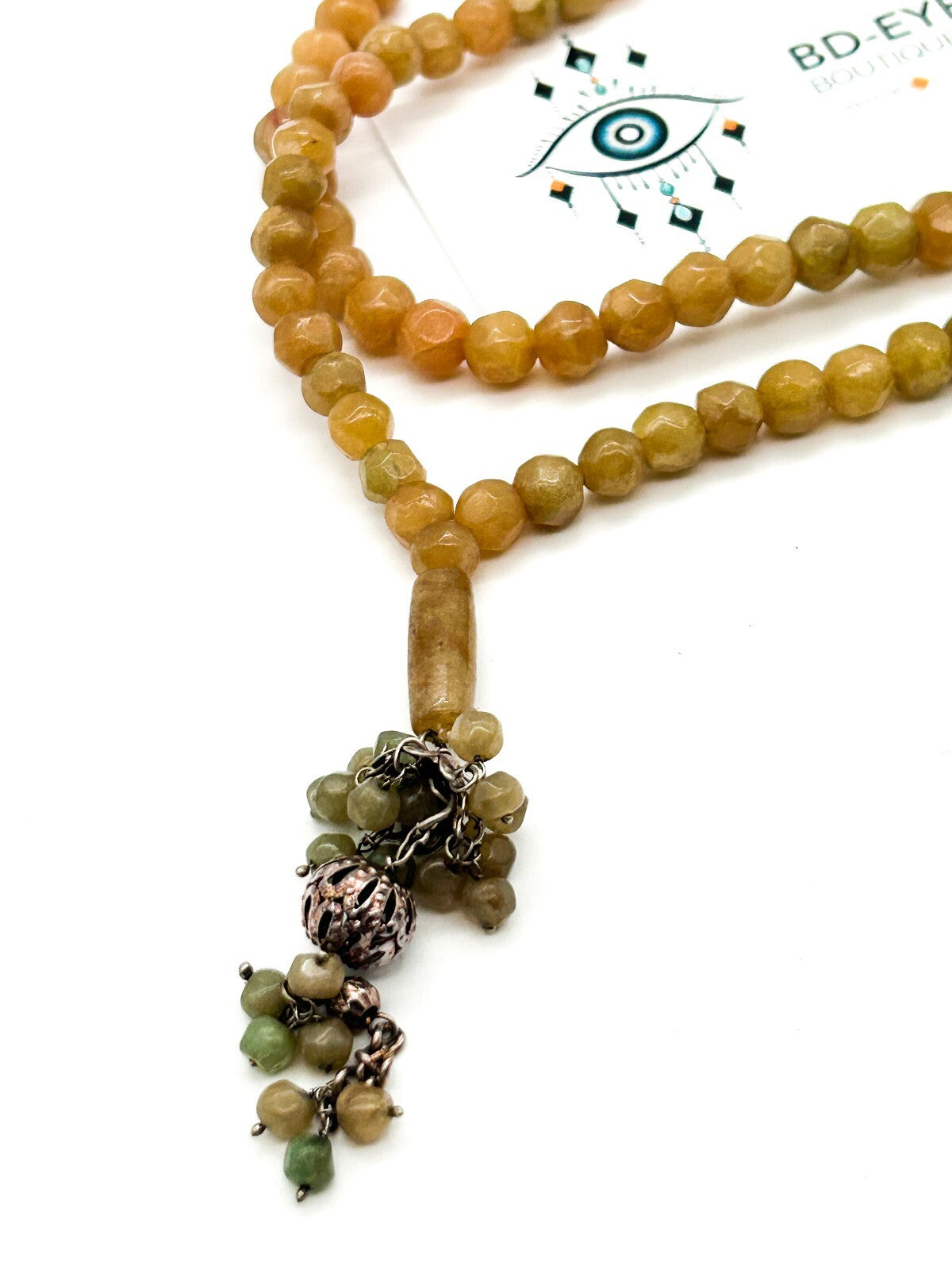 Vintage Yellow Jade Beaded Necklace Green Jade Tassel Pendant Gemstone