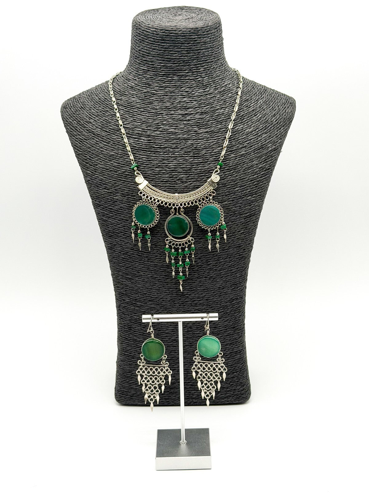 Peruvian Alpaca Silver Green Agate Necklace Earrings Set Malachite Bib Statement