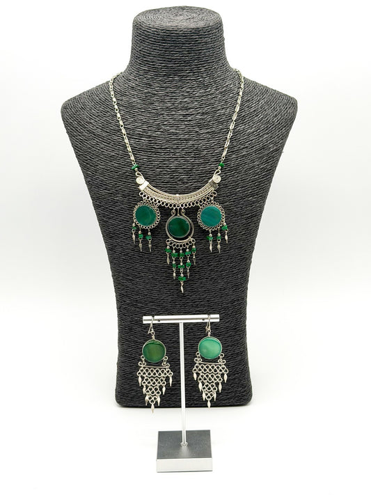 Peruvian Alpaca Silver Green Agate Necklace Earrings Set Malachite Bib Statement