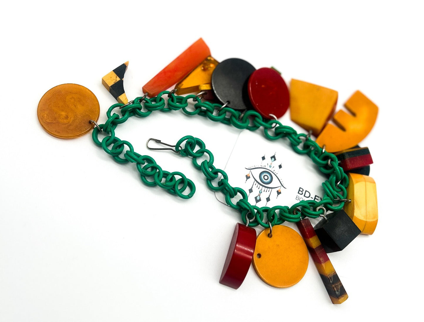 Vintage Bakelite Charm Necklace Attrib. Jan Carlin Celluloid Chain Statement
