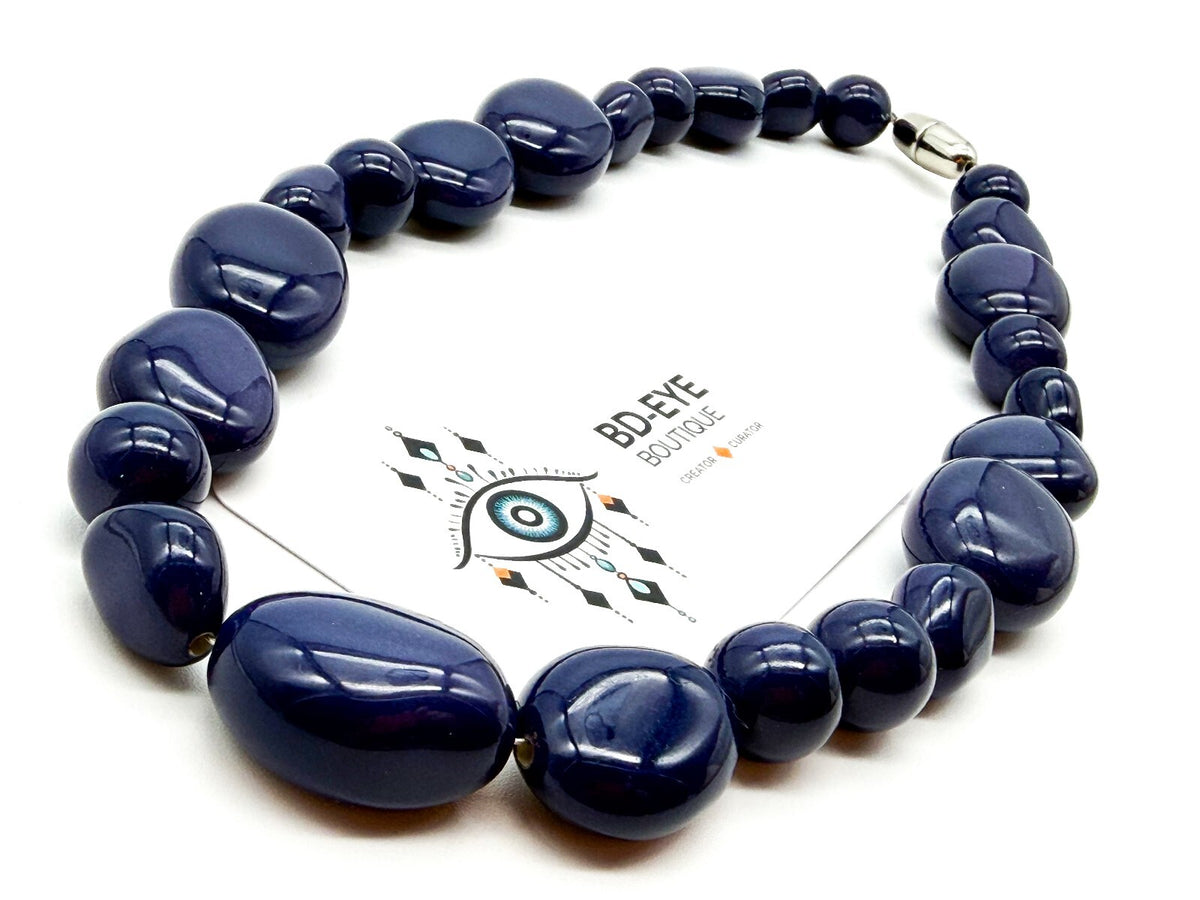 Vintage Blue Acrylic Graduated Beaded Necklace Retro Statement 20.5”