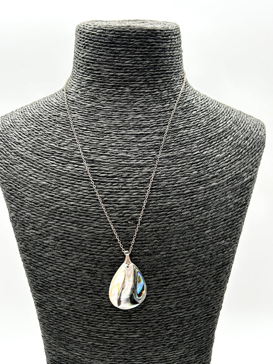 Vintage Sterling Silver Chain Abalone Mother of Pearl Teardrop Pendant Necklace