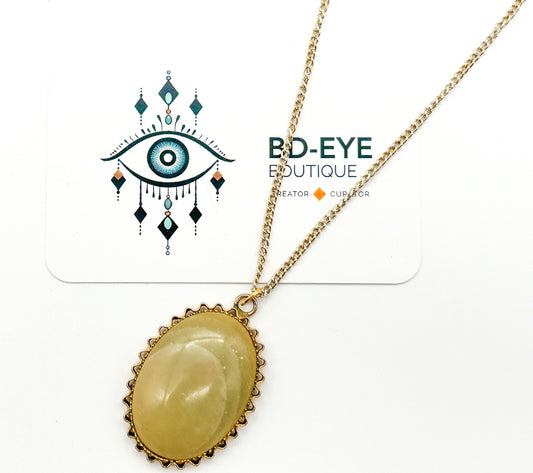 Vintage Lemon Agate Cabochon Pendant Necklace Gold Tone Oval Yellow Gemstone
