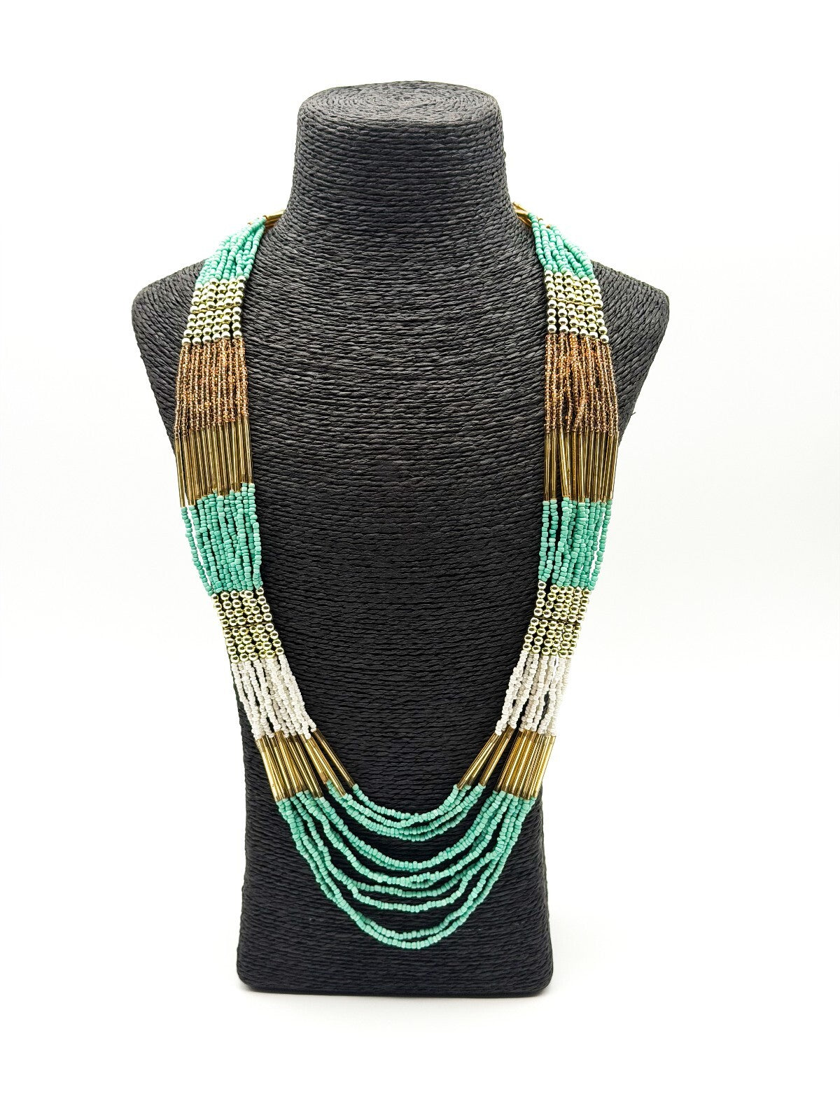 Boho Multi Strand Turquoise White Beaded Necklace Gold Tone Statement Festival