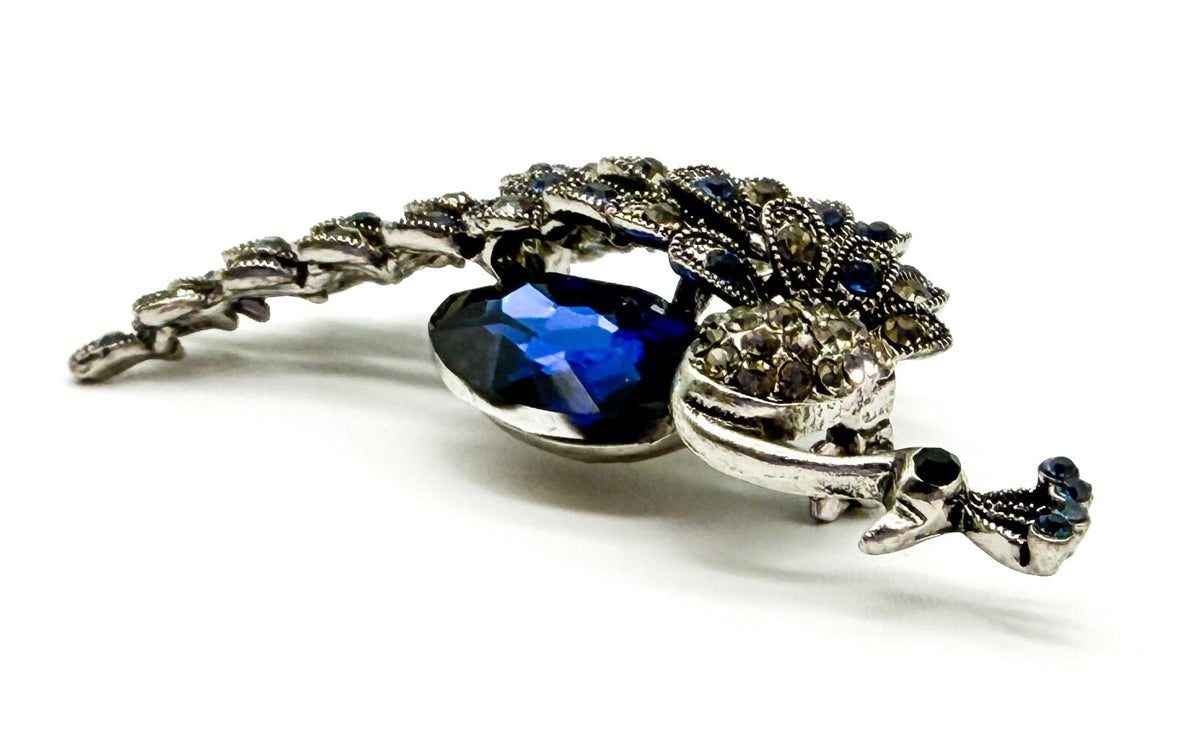 Peacock Rhinestone Brooch Blue Faceted Glass Bird Pin Silver Tone Statement