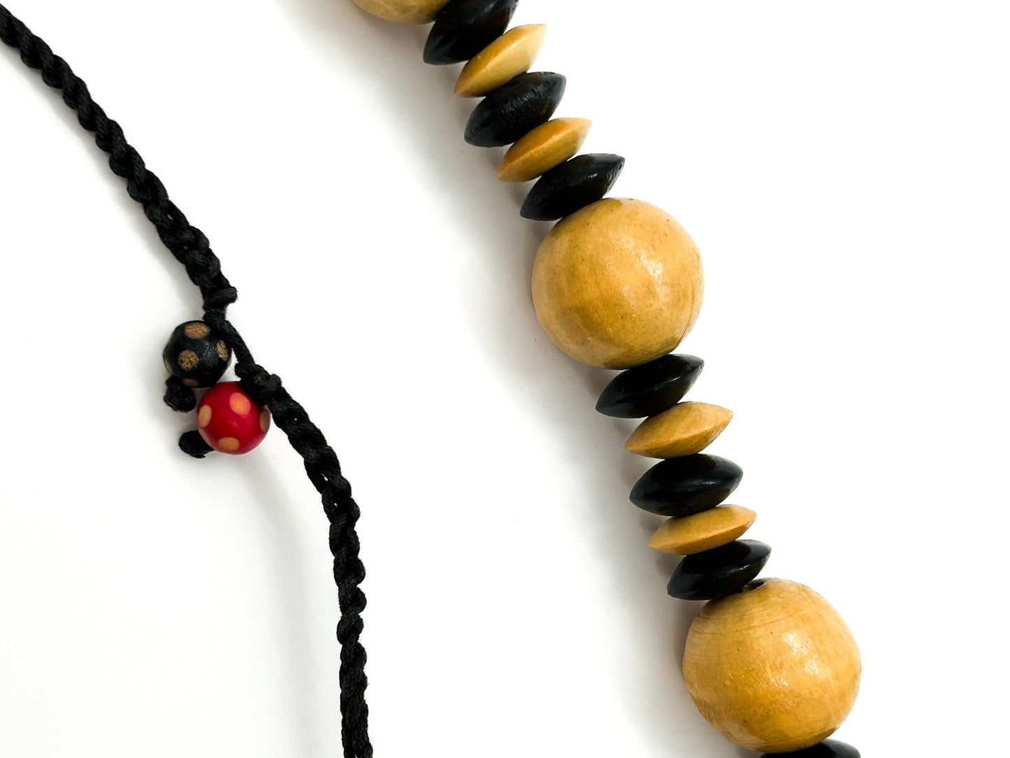 Vintage Black Beige Wooden Bead Necklace Long Chunky Bohemian Statement Retro