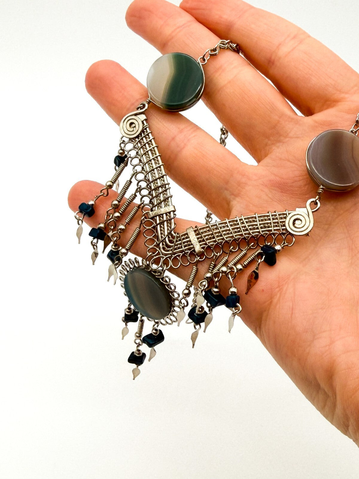 Peruvian Alpaca Silver Agate Lapis Lazuli Statement Necklace 17.5”