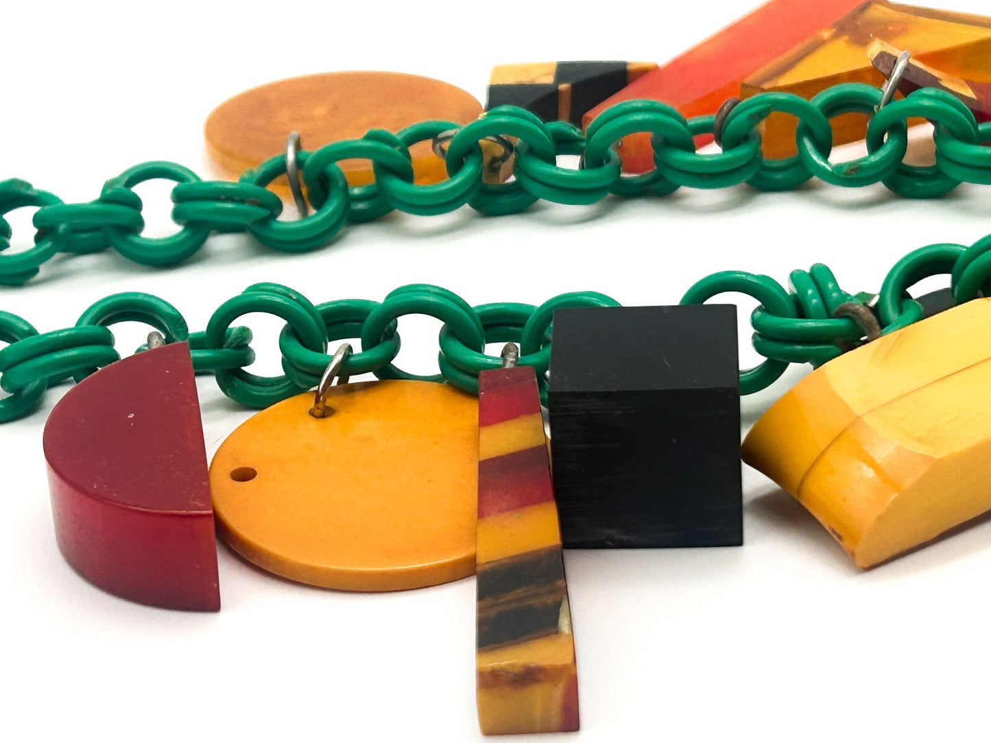 Vintage Bakelite Charm Necklace Attrib. Jan Carlin Celluloid Chain Statement