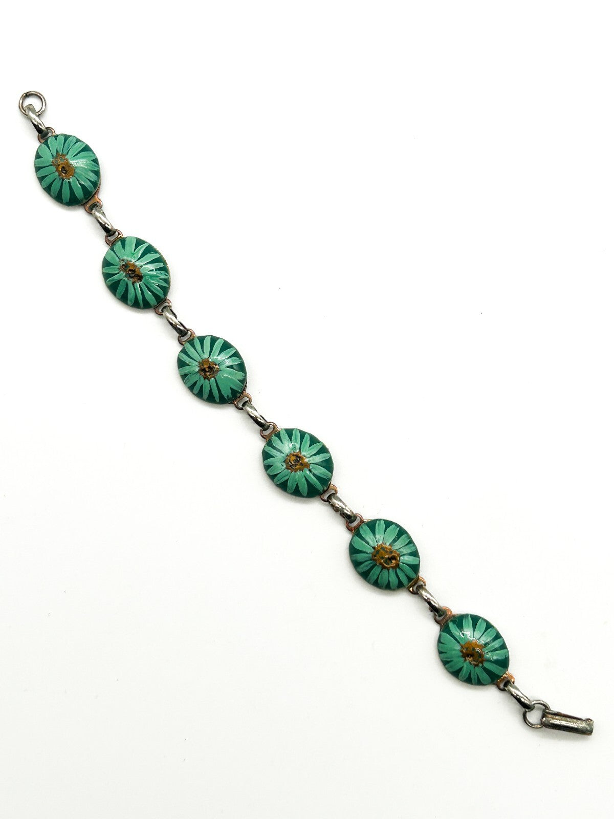 Vintage Hand Painted Ceramic Panel Bracelet Teal Green Floral Link Bracelet 8.5”