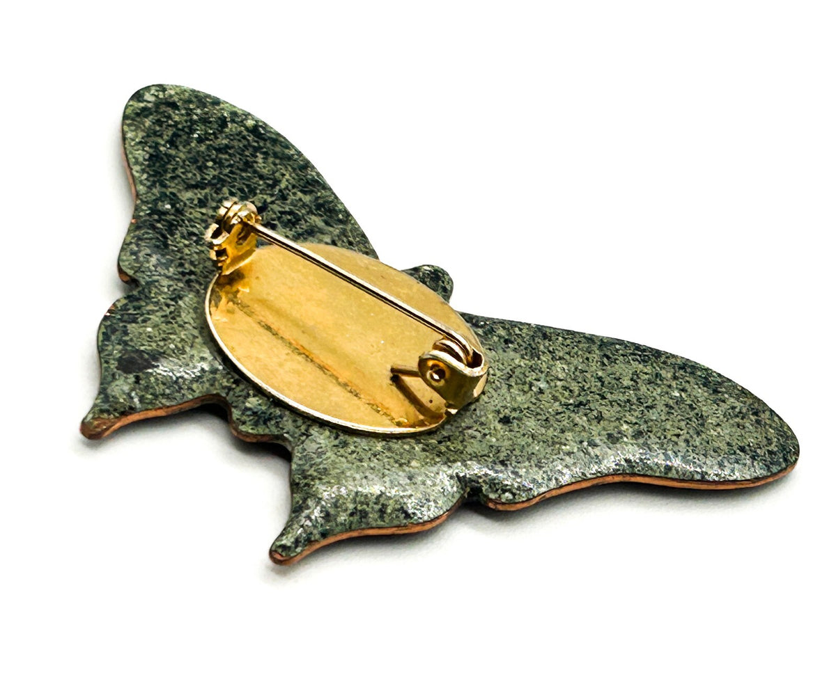 Vintage Glazed Ceramic Enamel Butterfly Brooch Amber Black Red Statement Pin