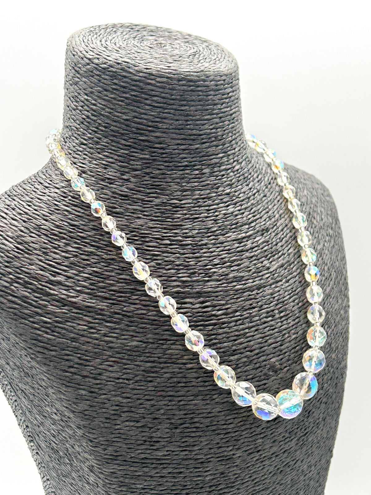Vintage Aurora Borealis Crystal Necklace Faceted Glass Rhinestone Box Clasp 18"