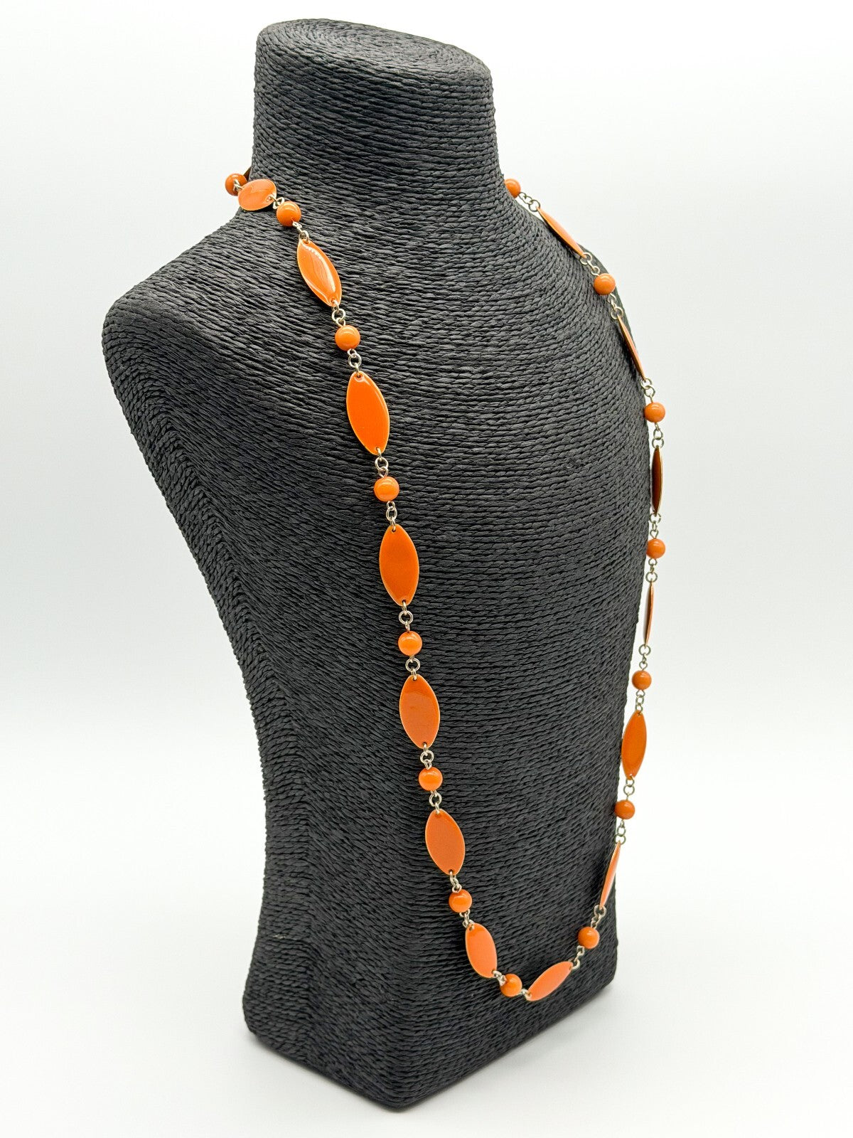 Retro Long Orange Acrylic Link Necklace Marquise Beads Silver Tone 31.5”