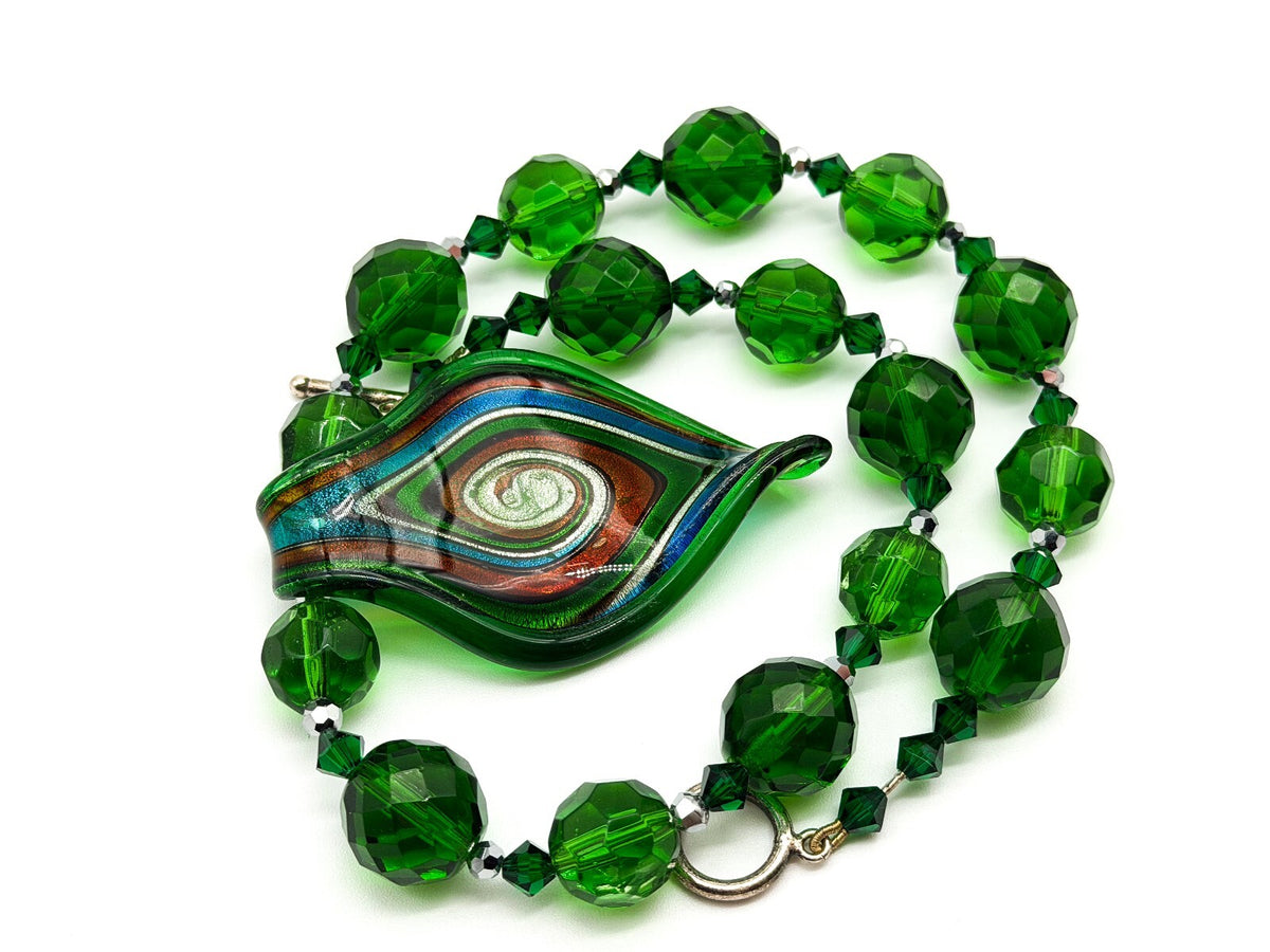 Murano Style Swirl Art Glass Pendant Necklace Green Crystal Glass Toggle Clasp