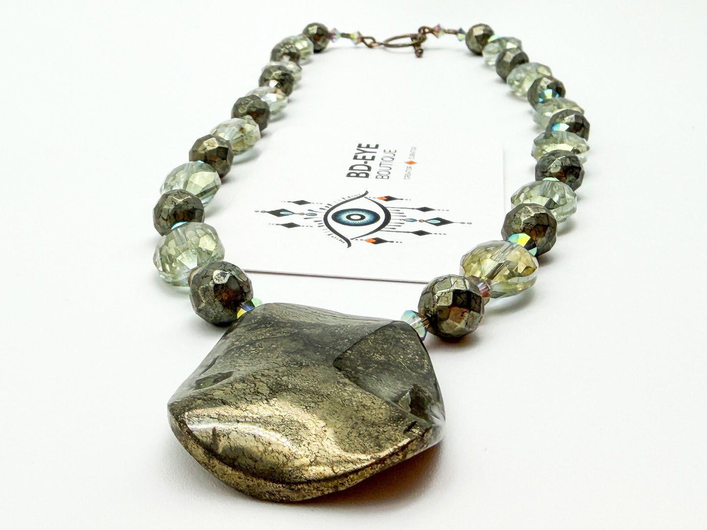 Natural Pyrite Statement Necklace Faceted Smoky AB Crystal Gemstone Pendant