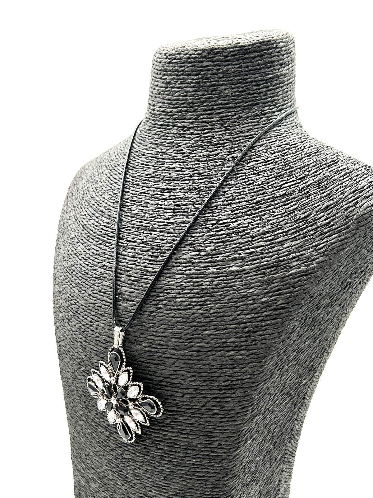 Gothic Black Clear Rhinestone Flower Pendant Necklace Gunmetal Floral Statement
