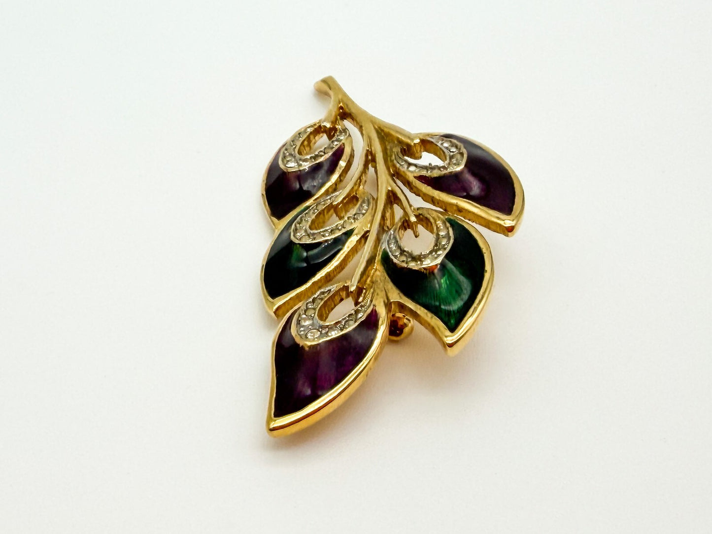 Gold Tone Purple Green Enamel Floral Spray Brooch Rhinestone Leaf Pin